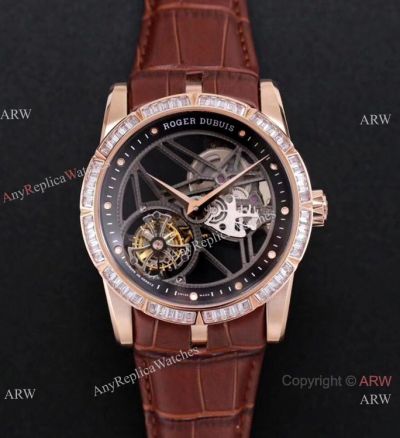 Super Clone Roger Dubuis Excalibur Skeleton Swiss Tourbillon JBF V3 Diamond Black Dial Watch Rose Gold